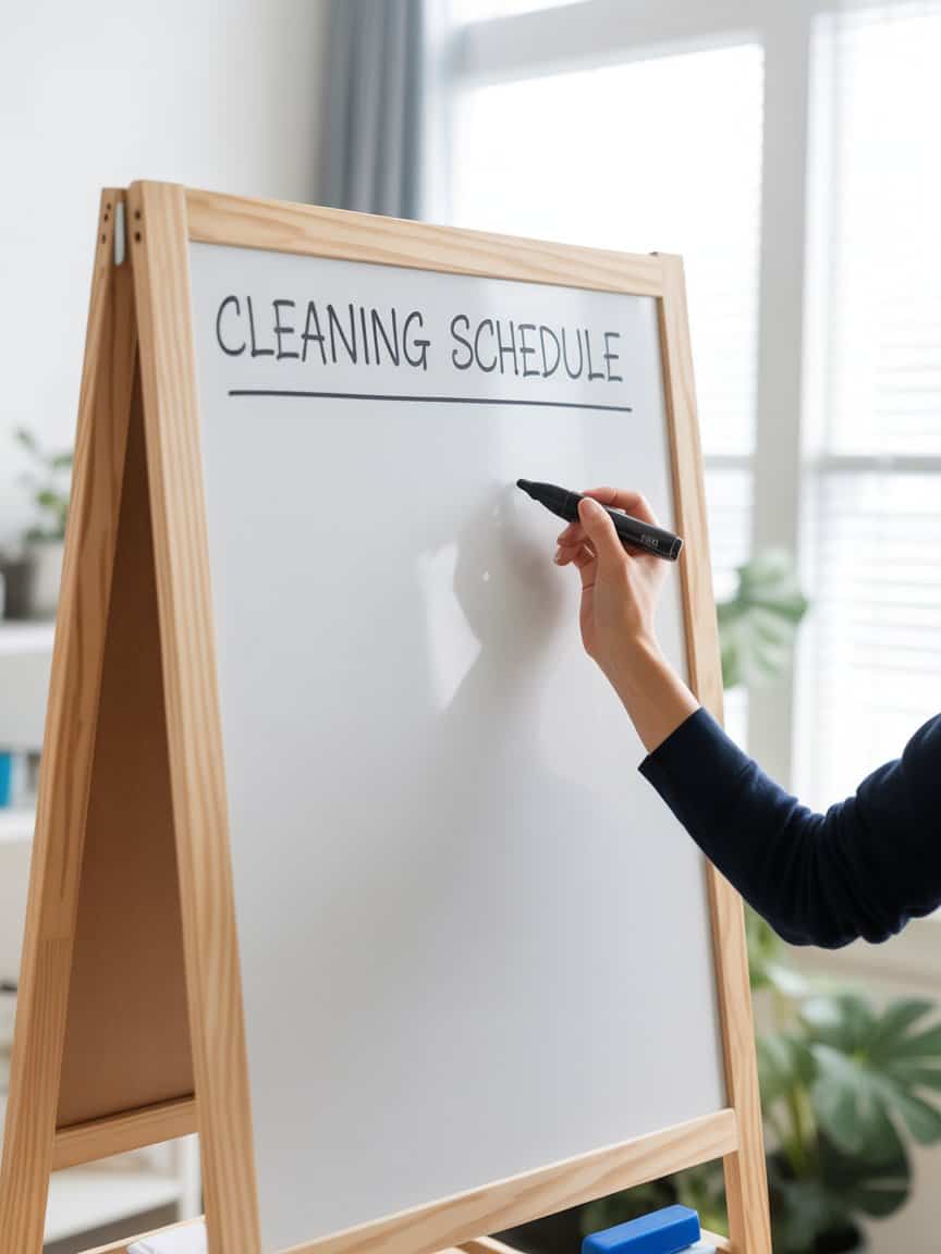 A person writing a cleaning schedule on a whiteboard.