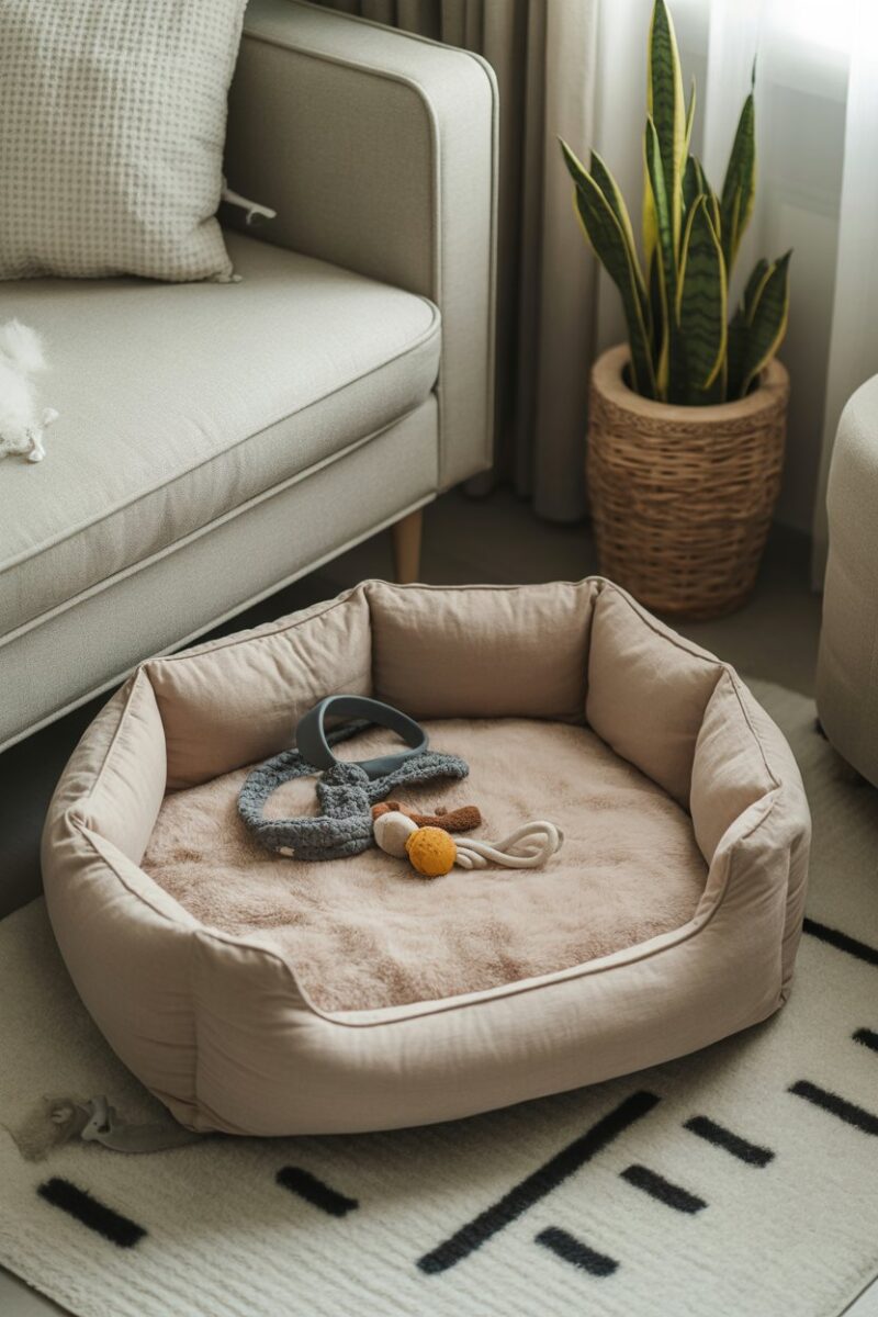 A pet bed with toys and fur, highlighting the need for regular cleaning in pet areas.