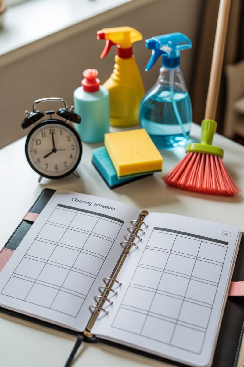 A planner with a cleaning schedule, a clock, and cleaning tools.