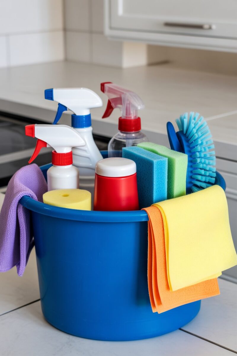 A cleaning caddy filled with various cleaning supplies including sponges, sprays, and cloths.