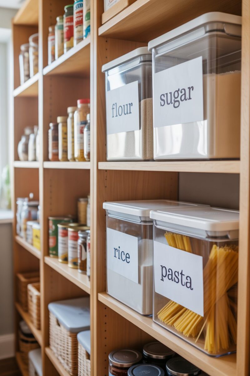 Organized pantry with labeled containers for easy access.