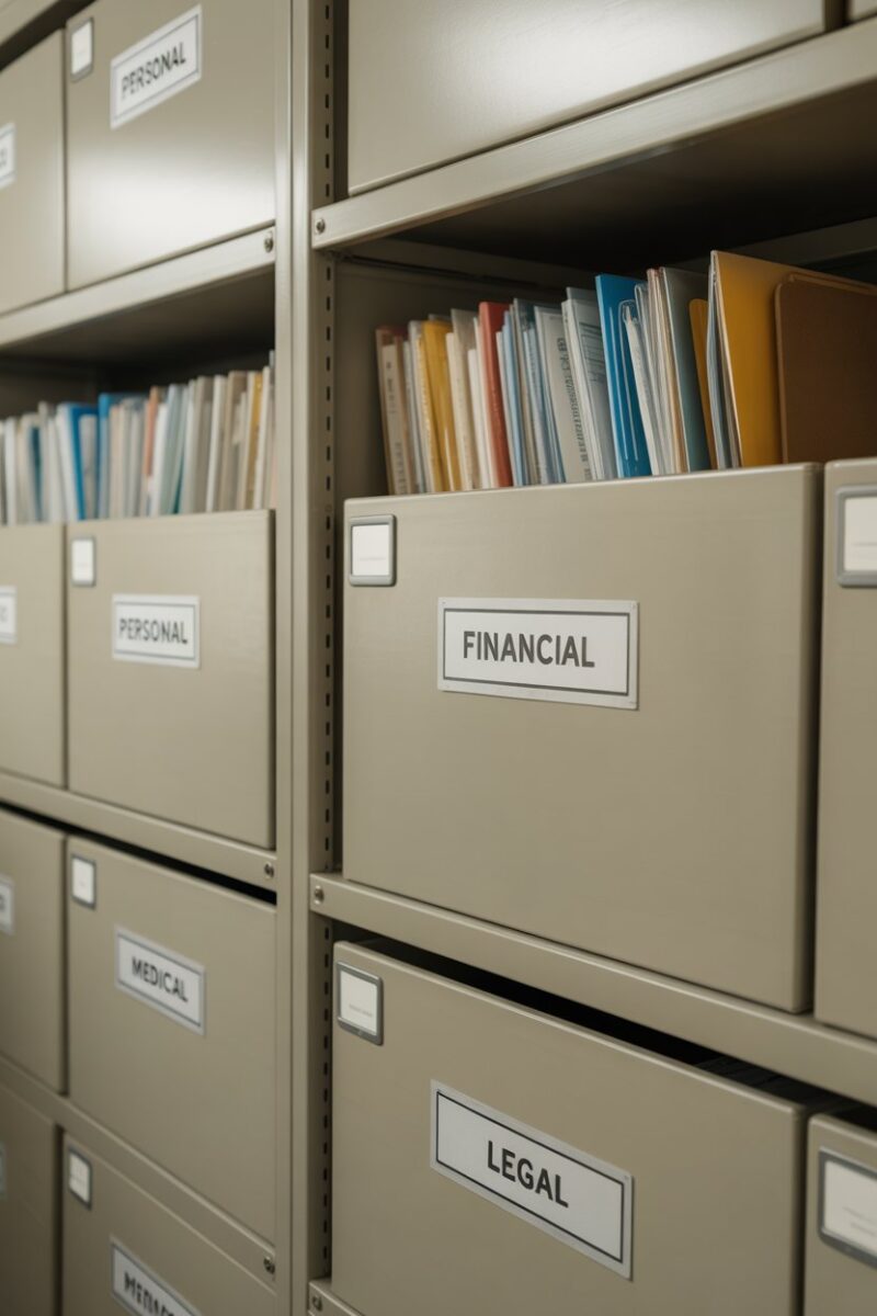 Organized storage room with labeled folders for personal, financial, medical, and legal paperwork.