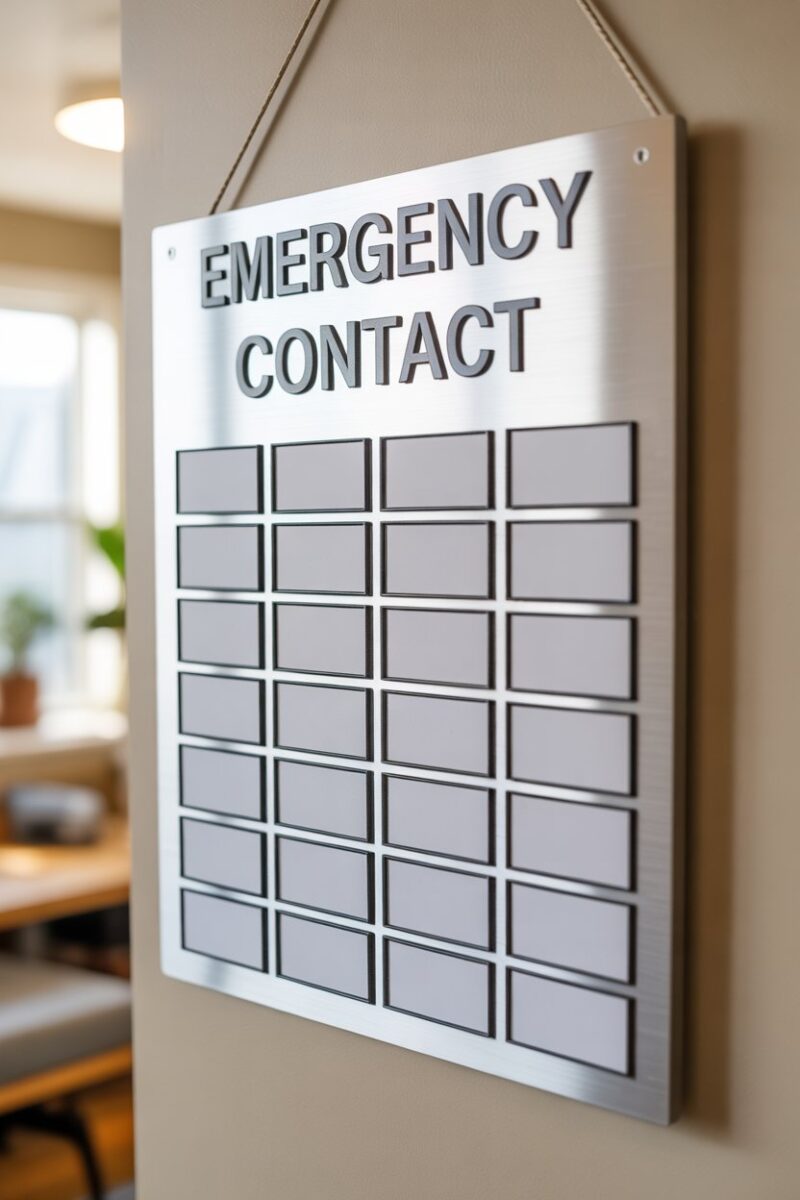 Emergency contact board displaying important numbers and services.