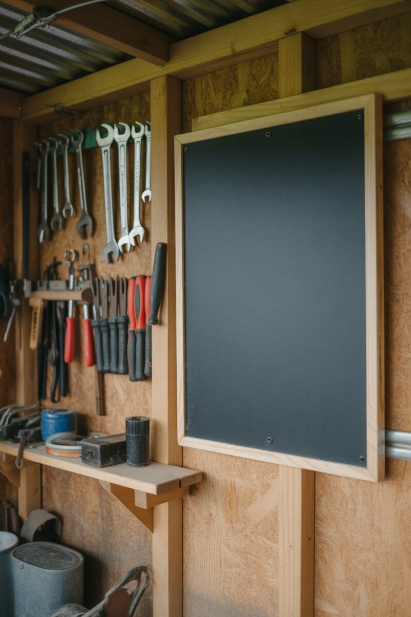 A dry erase board with inventory list in a shed, surrounded by tools.