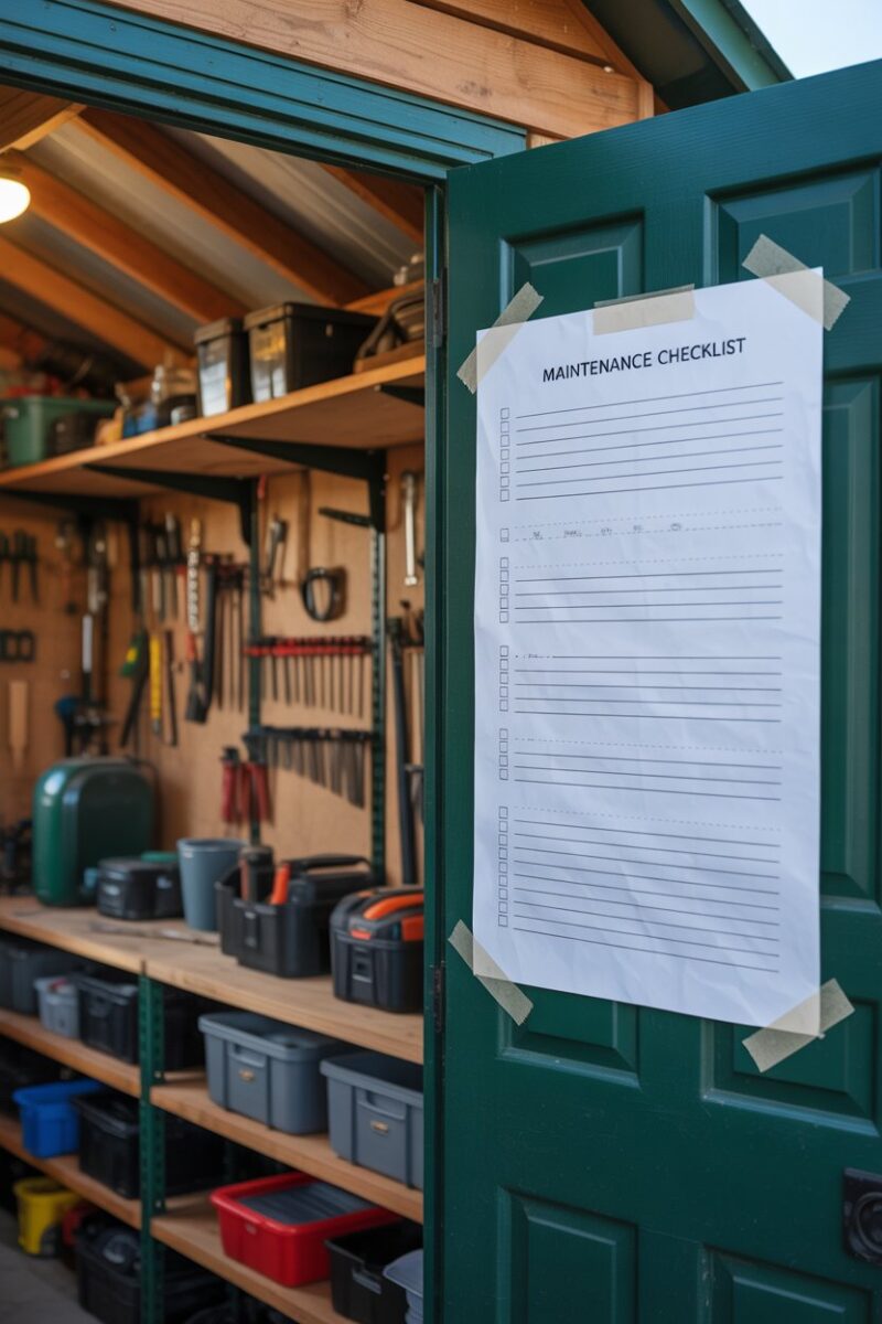 A well-organized shed with a maintenance checklist on the door.