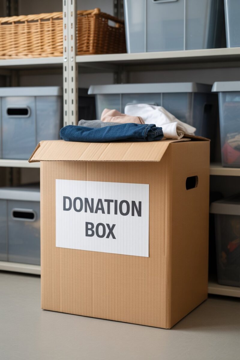 A donation box filled with clothes and items in a storage room.