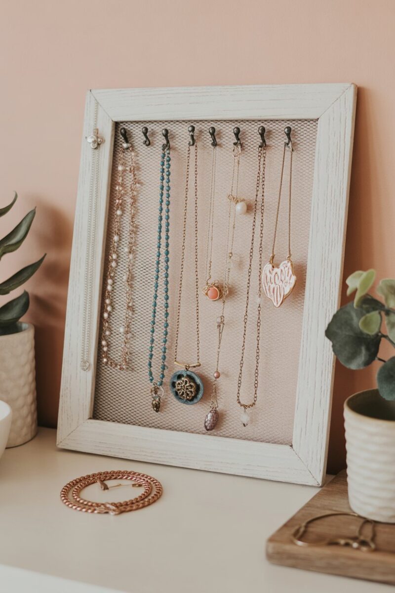 A repurposed picture frame jewelry organizer with various necklaces hanging on mesh.