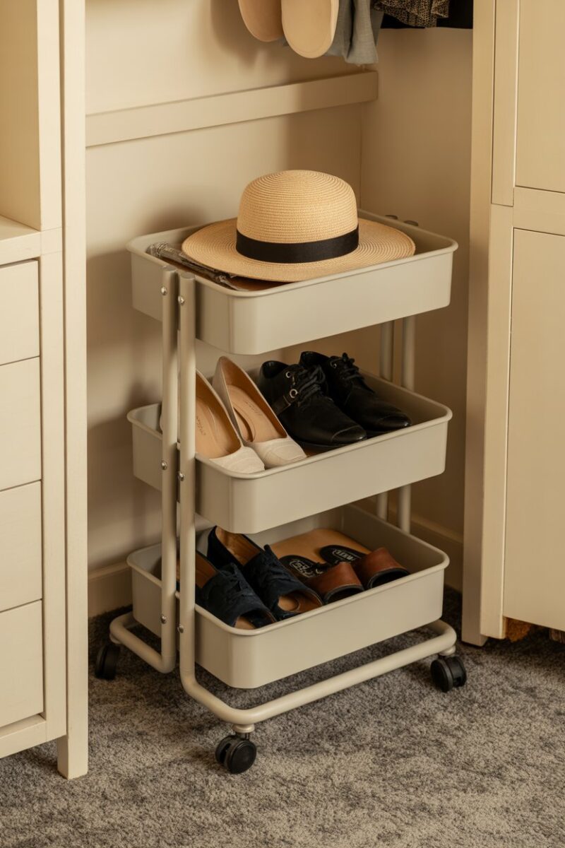 A rolling cart in a small closet displaying various pairs of shoes and a hat.