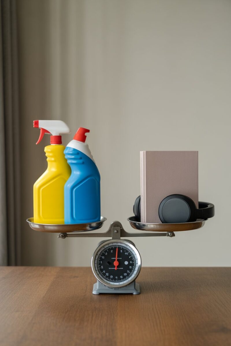 A scale balancing cleaning tools and personal items like a book and headphones.