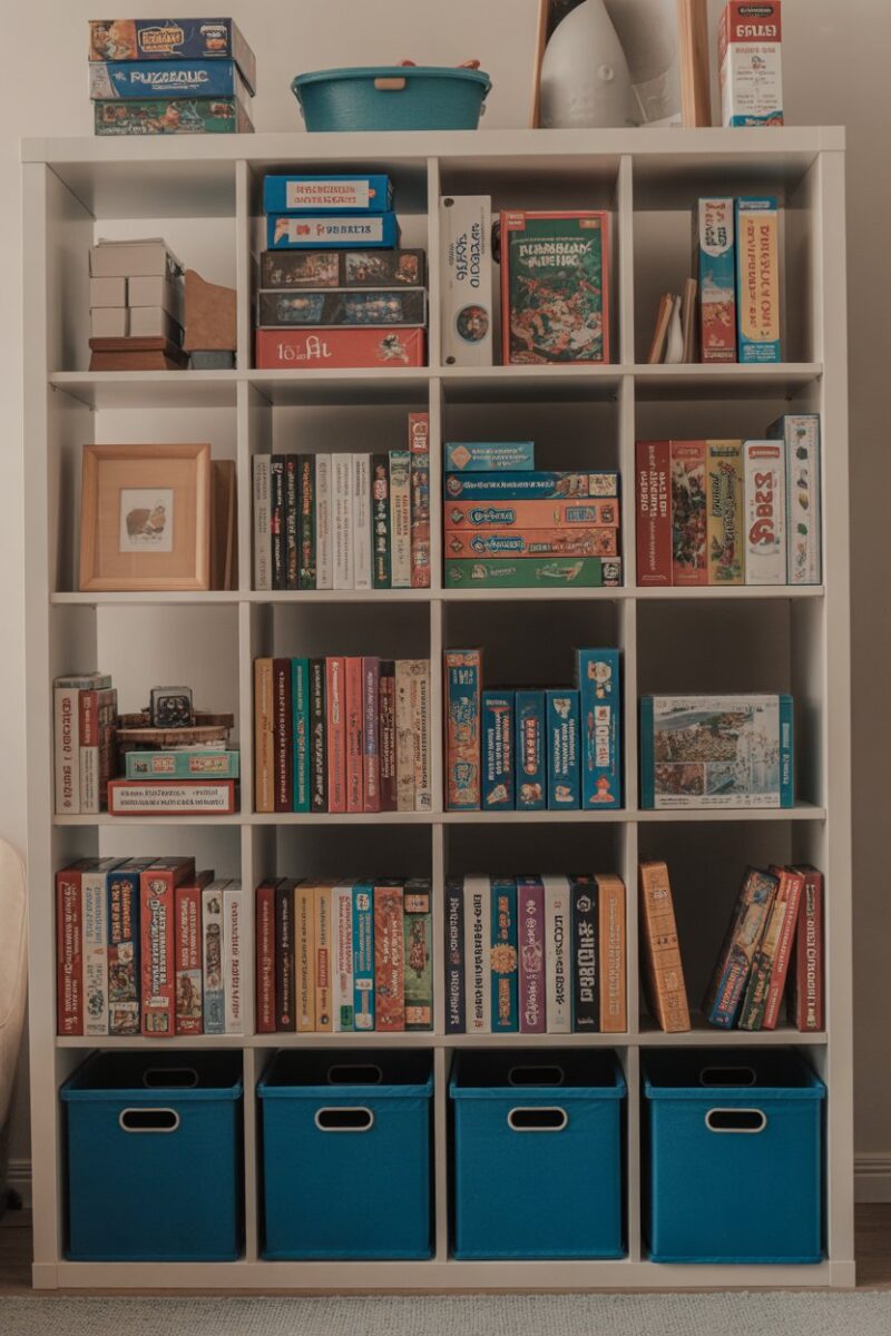 A shelf filled with various puzzle and game boxes, organized with a blue storage bin at the bottom.