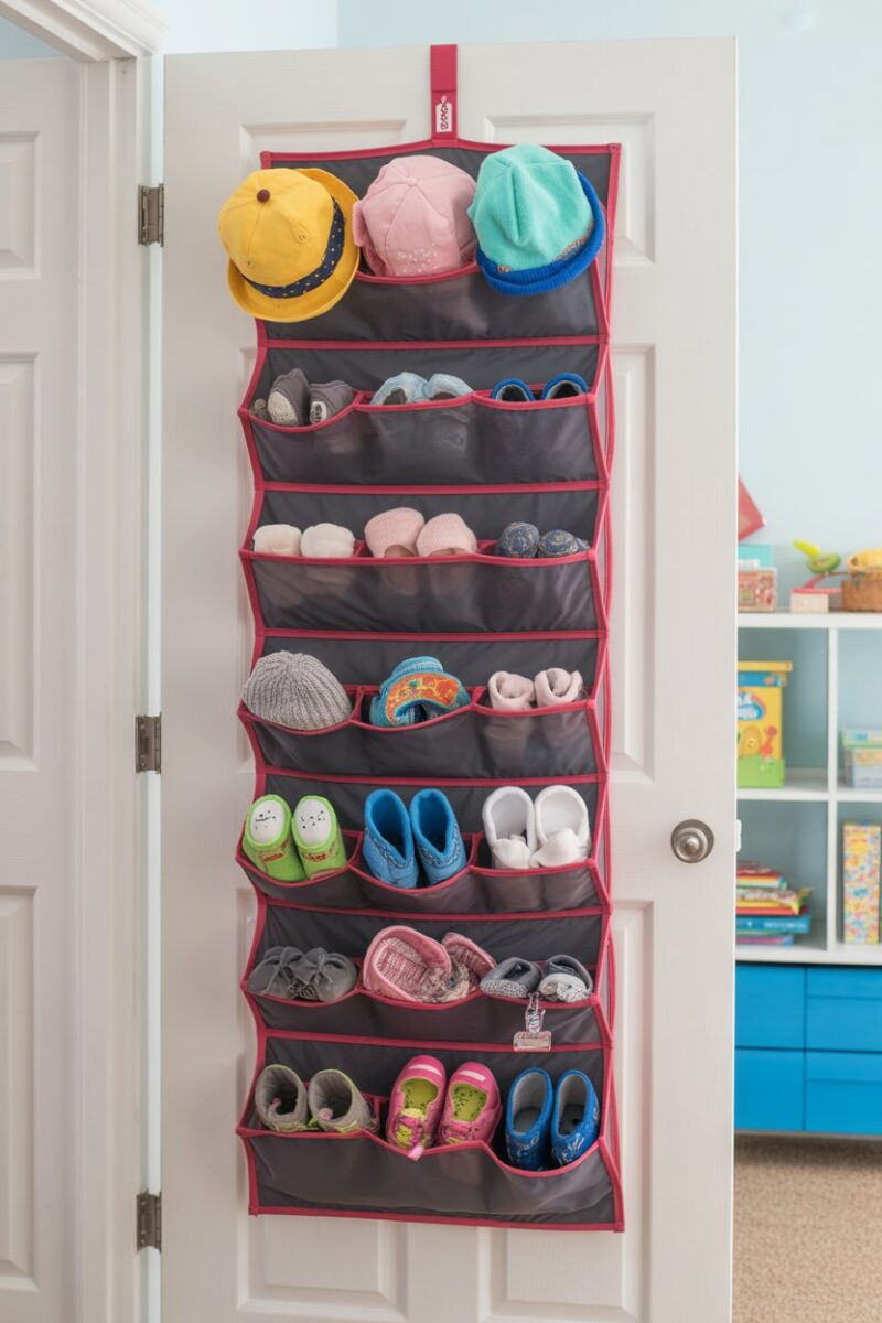 Shoe organizer filled with hats, gloves, and toys.