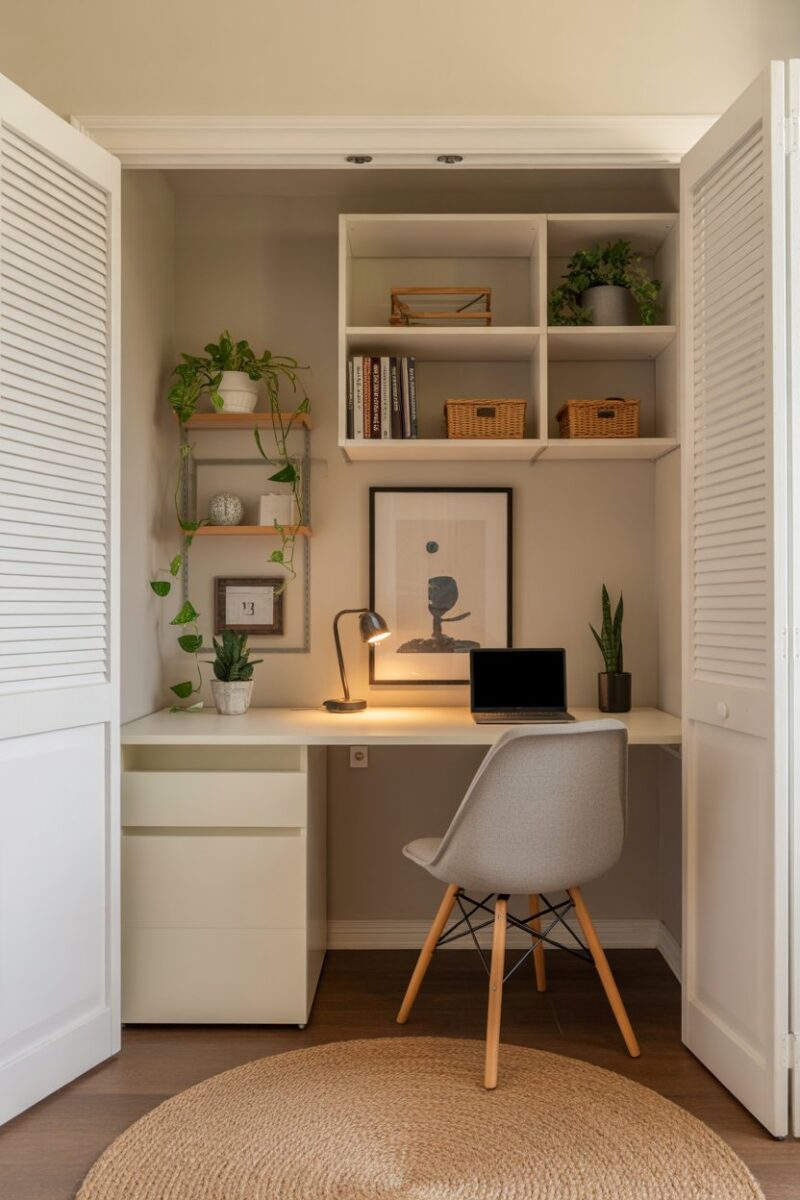 A small closet converted into a home office nook with a desk, shelves, and plants.