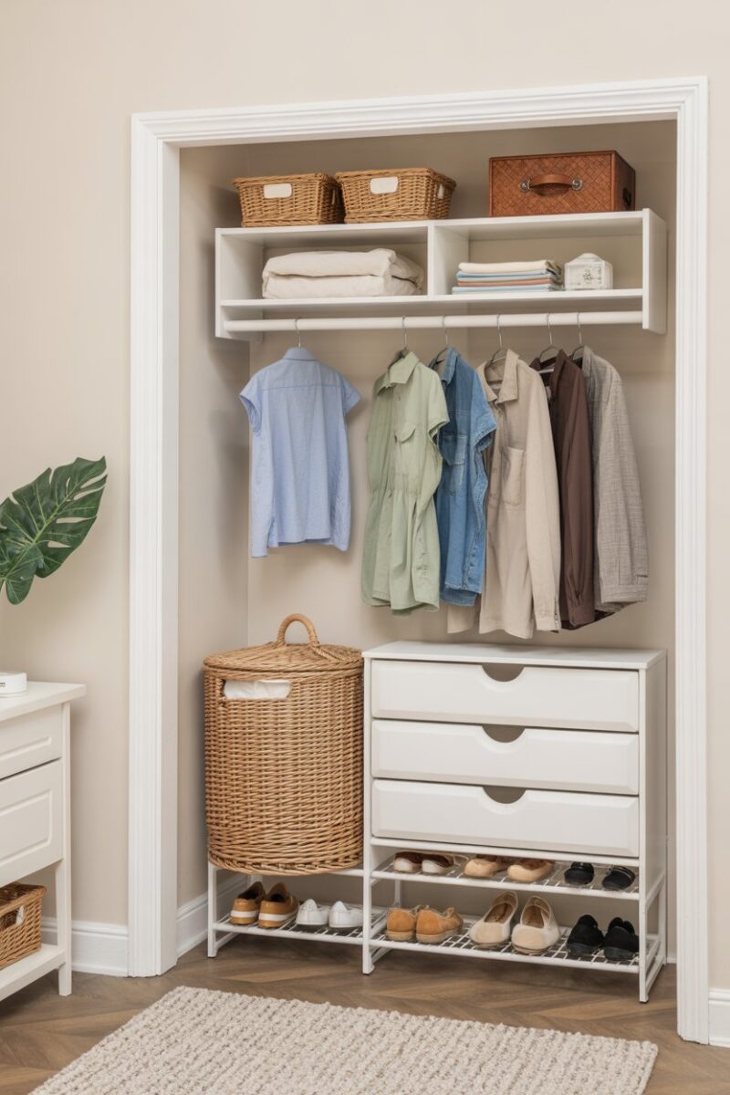 A small closet featuring a laundry hamper and organized shoes.