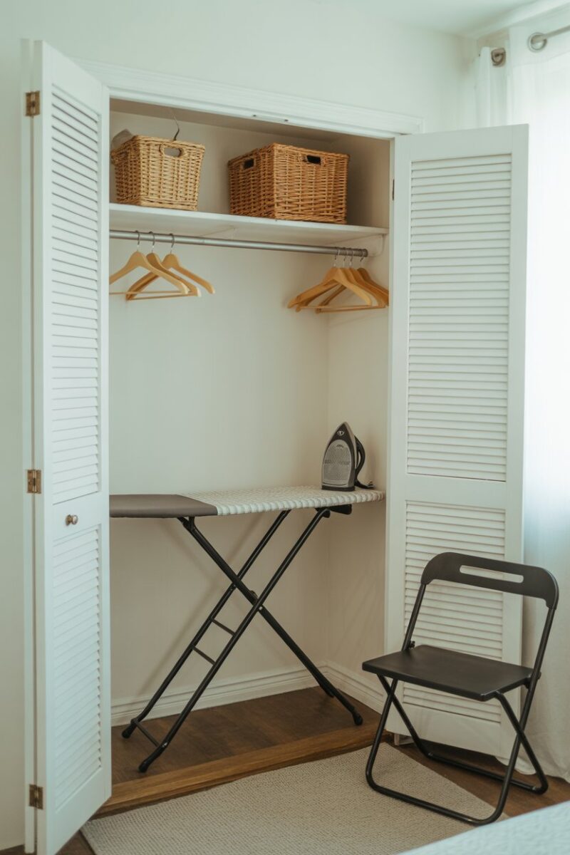 A small closet featuring an ironing board and a folding chair.