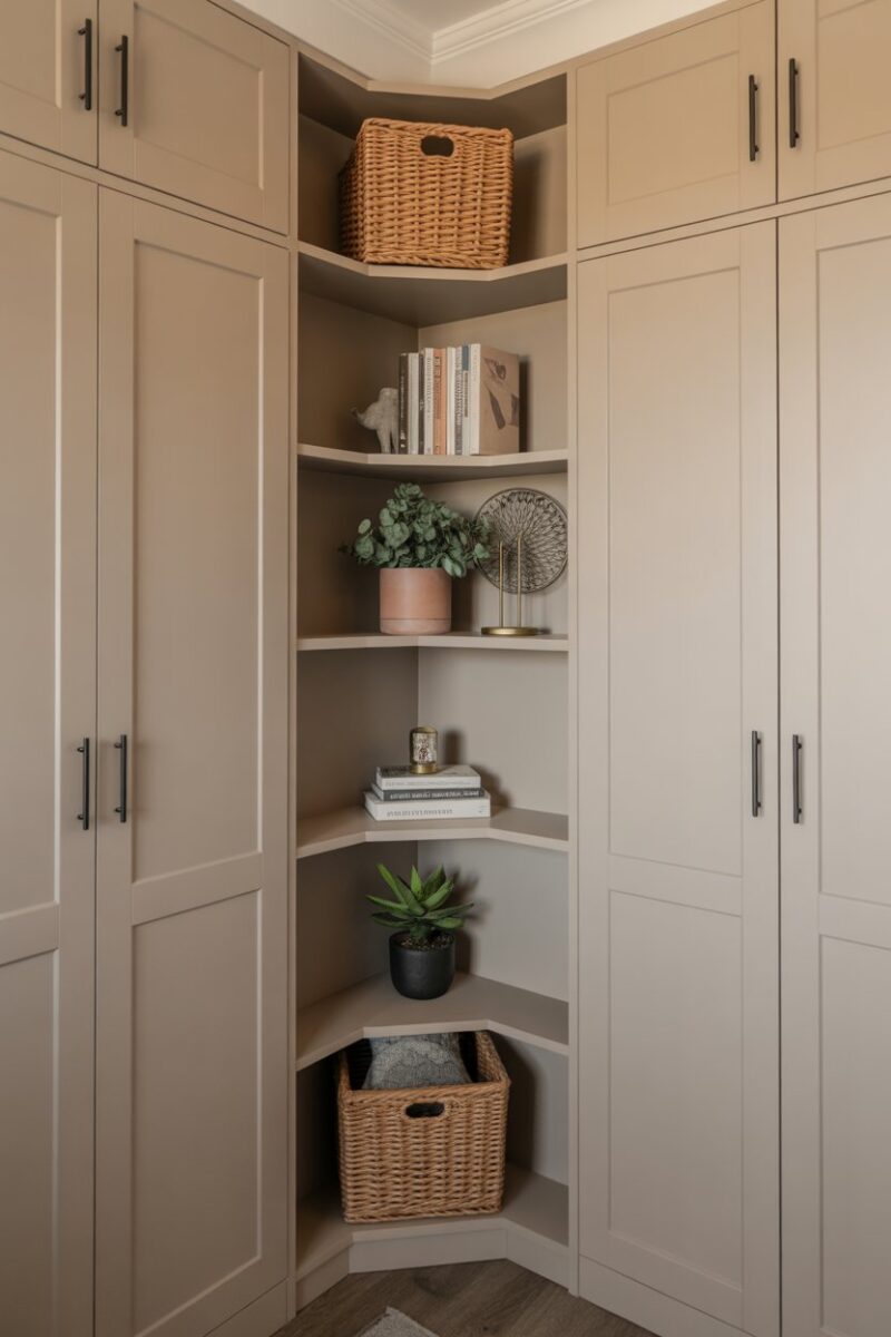 A small closet featuring corner shelves with books, a plant, and decorative items.