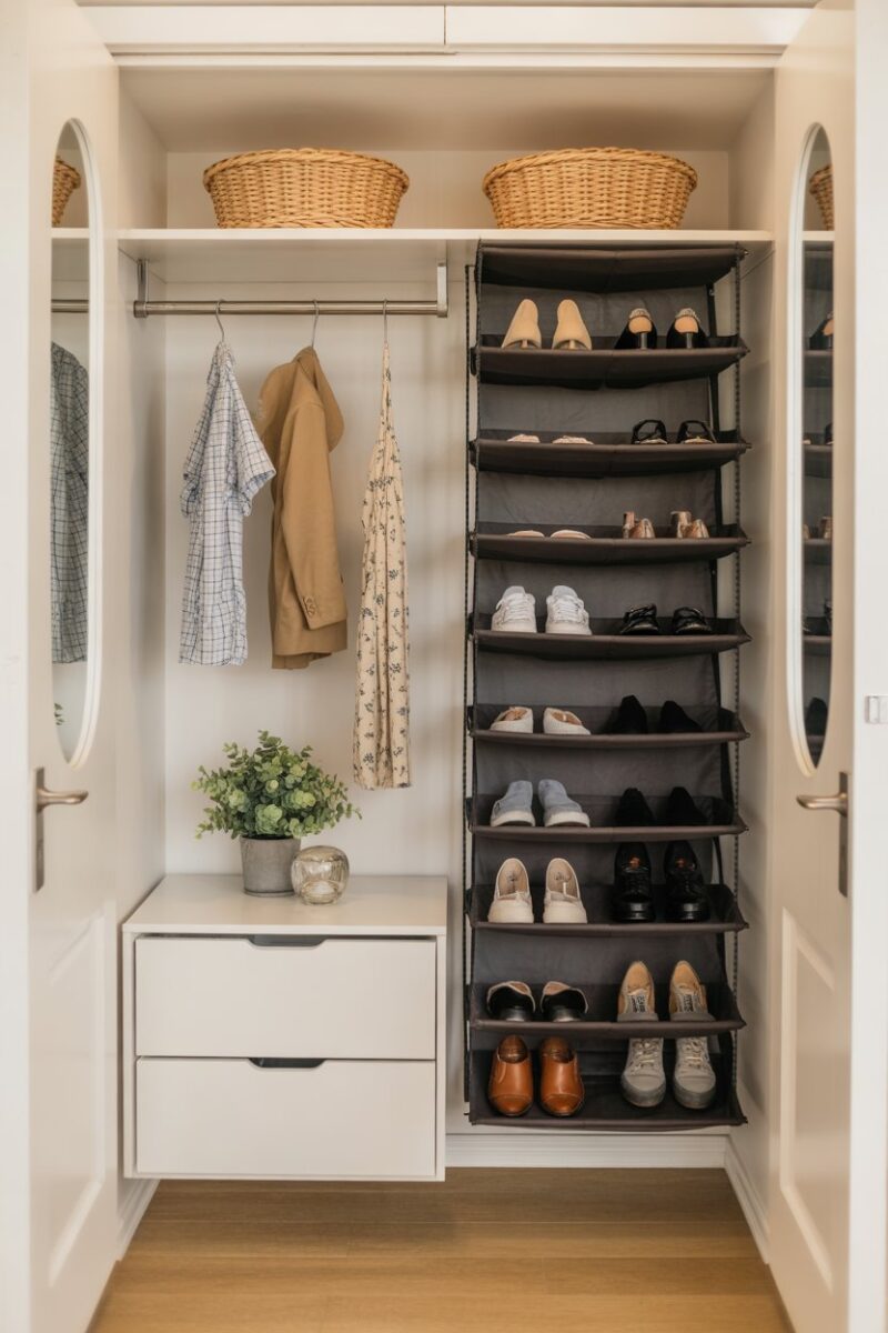 A small closet featuring hanging organizers for shoes and clothing.