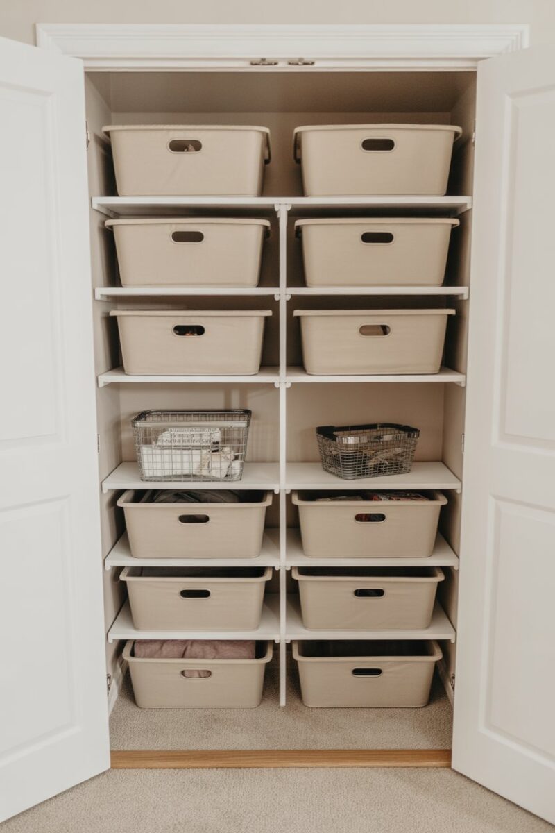 A small closet filled with neatly stacked storage bins, showcasing an organized space.