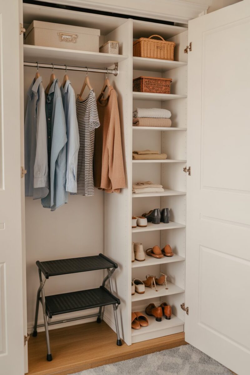 A small closet with a foldable step stool, neatly organized shoes and clothes.