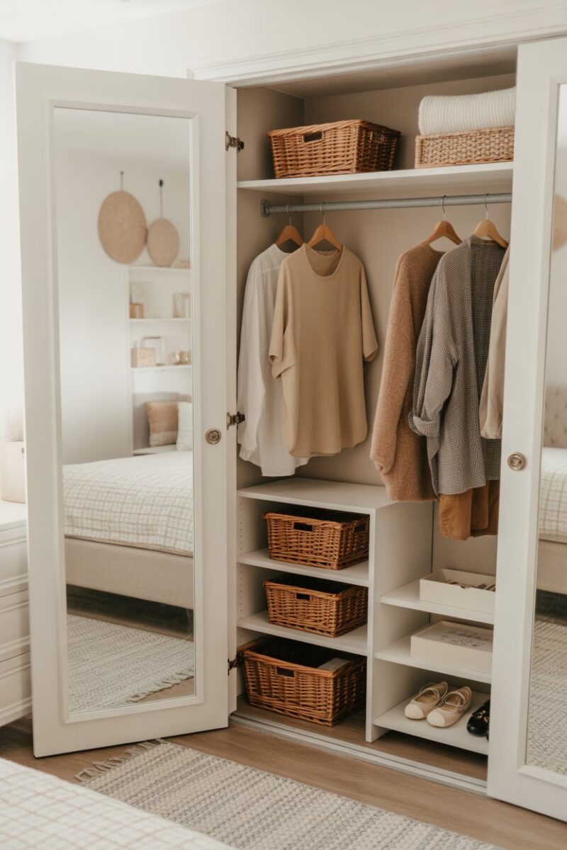 A small closet with a mirror door, showcasing a tidy space with hangers and storage baskets.