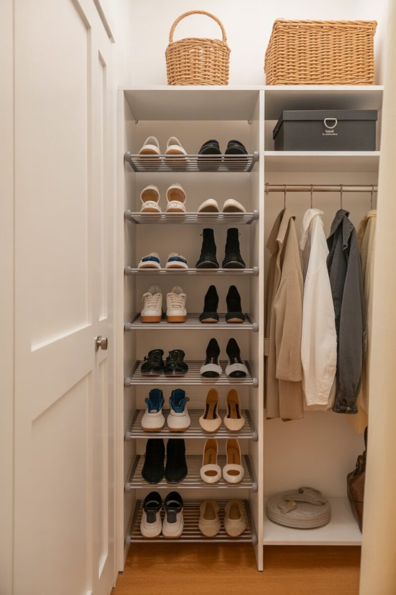 A small closet with a tiered shoe rack displaying various types of shoes.