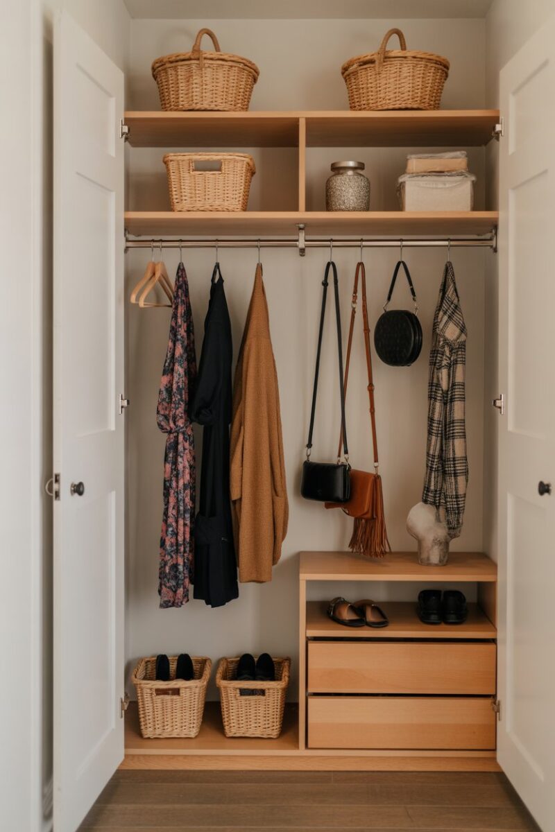 A small closet with a towel rack holding accessories like belts and bags.