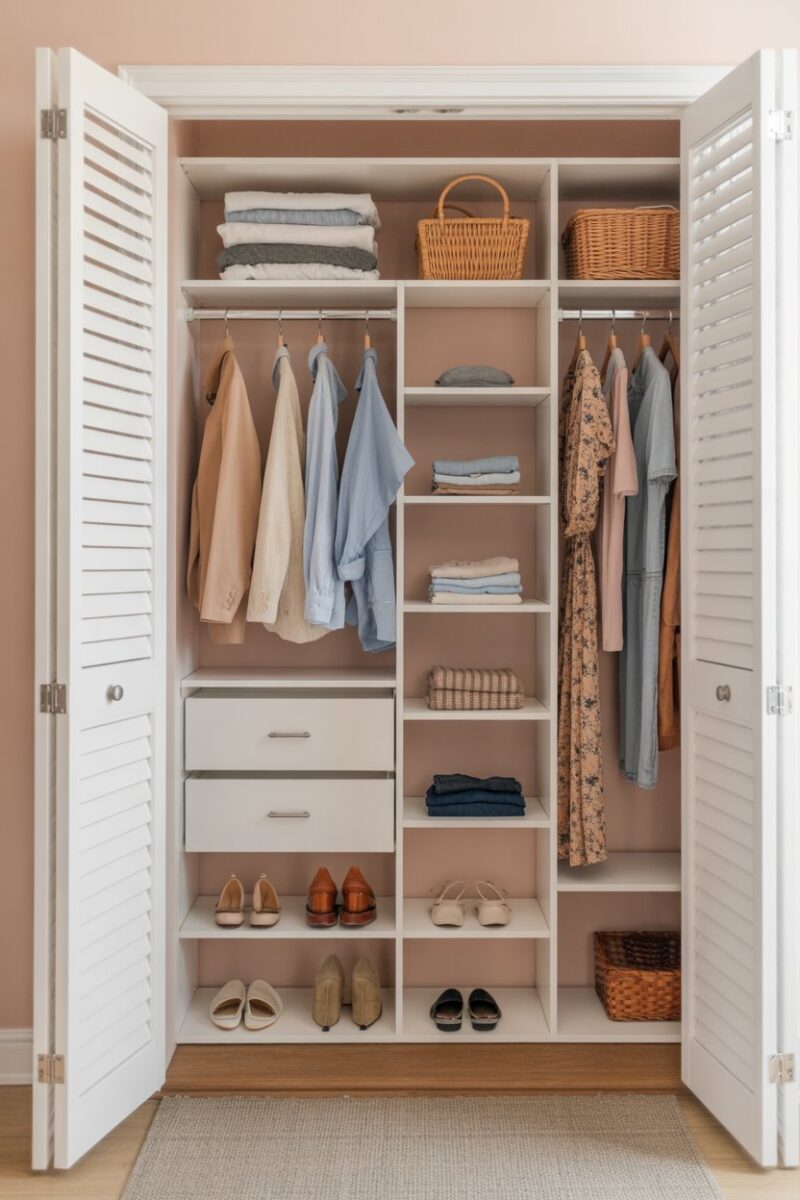 A small closet with adjustable shelving, neatly organized clothes and shoes.