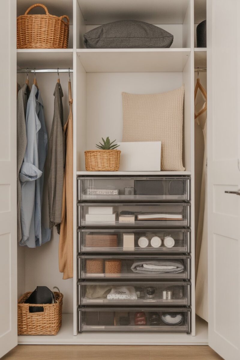 A small closet with clear drawers filled with various items, showcasing an organized space.