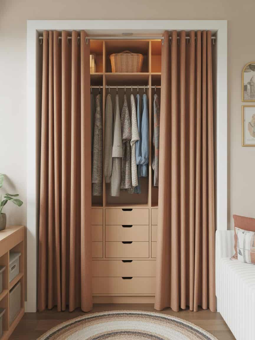 A small closet with colorful fabric curtains instead of doors, showcasing a cozy and stylish design.