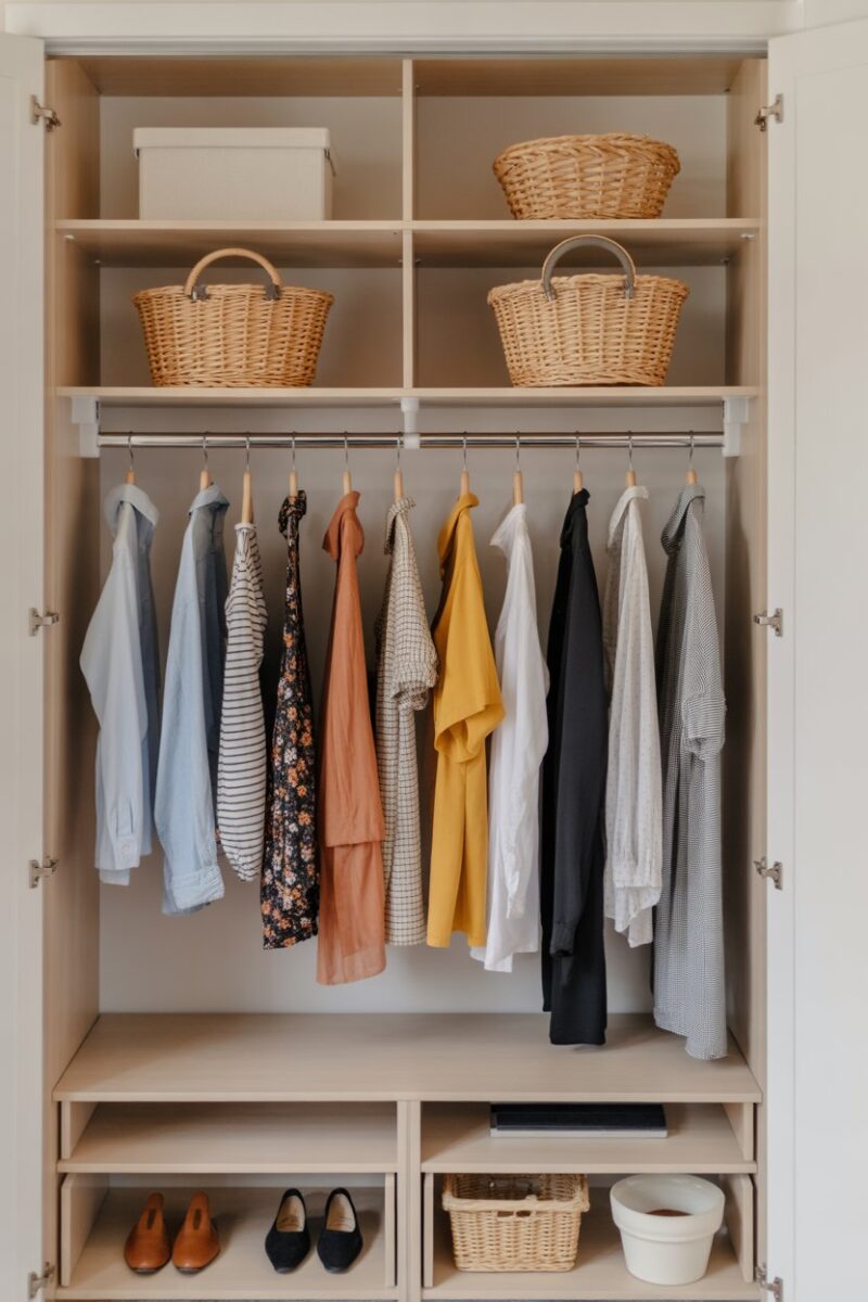 A small closet with compact hanging rods displaying various clothes.