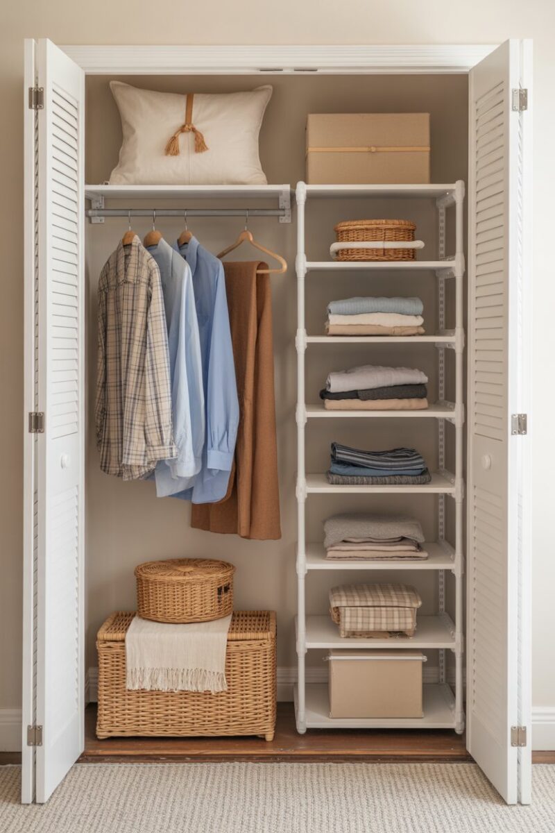 A small closet with foldable storage solutions, including hanging clothes and neatly stacked items.