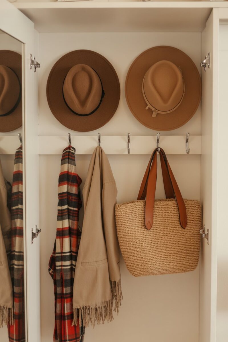 A small closet with hooks displaying hats, a bag, and a scarf.