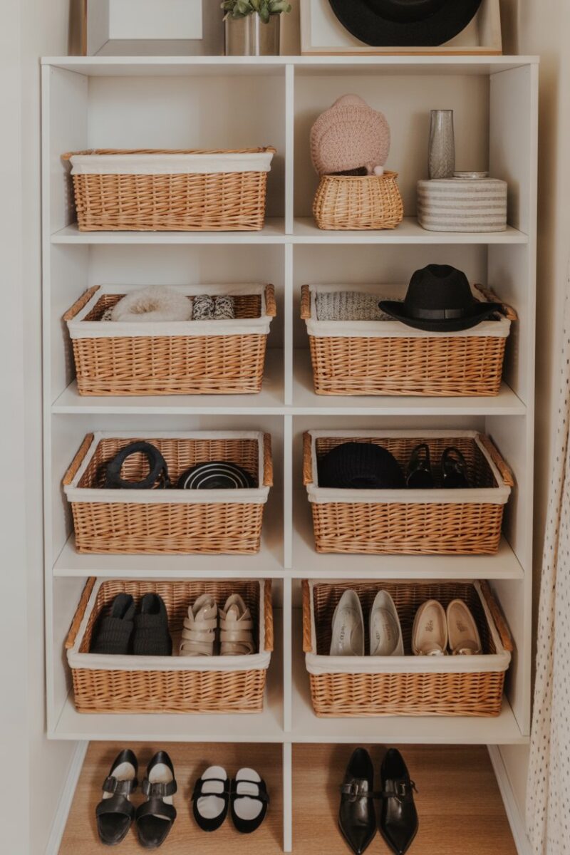A small closet with neatly organized baskets holding various accessories like scarves, hats, and shoes.
