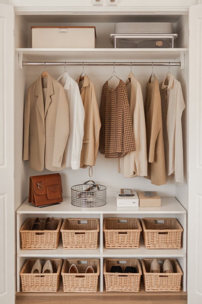 A small closet with organized under-shelf baskets holding shoes and accessories.