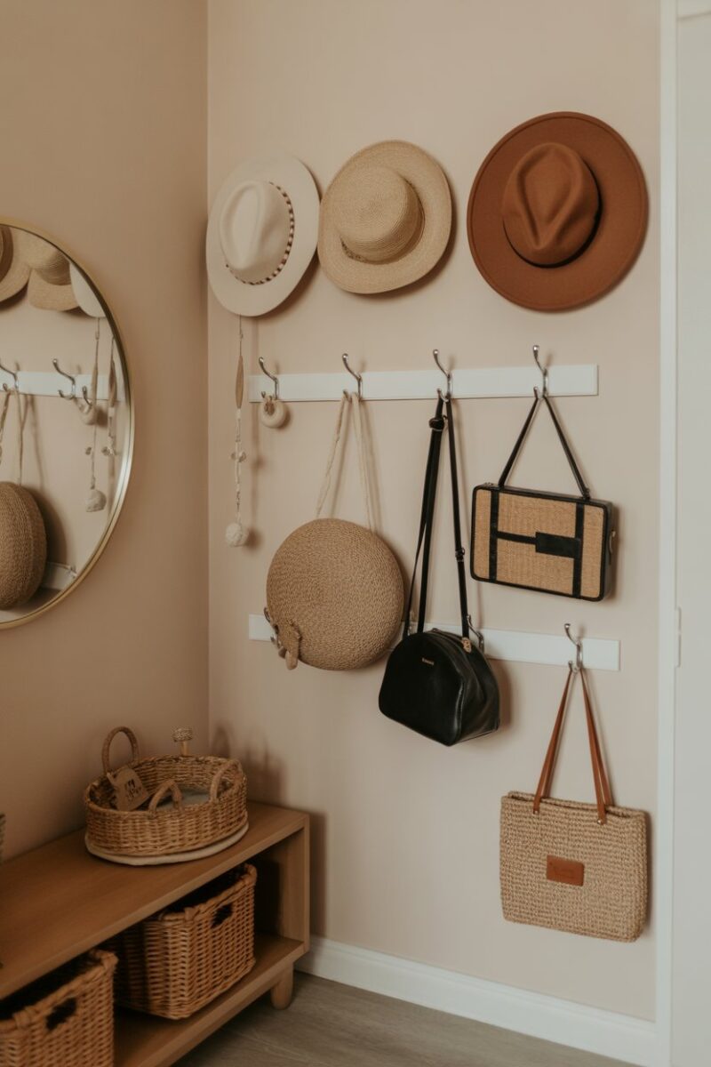 A small closet with wall-mounted hooks displaying various bags and hats.