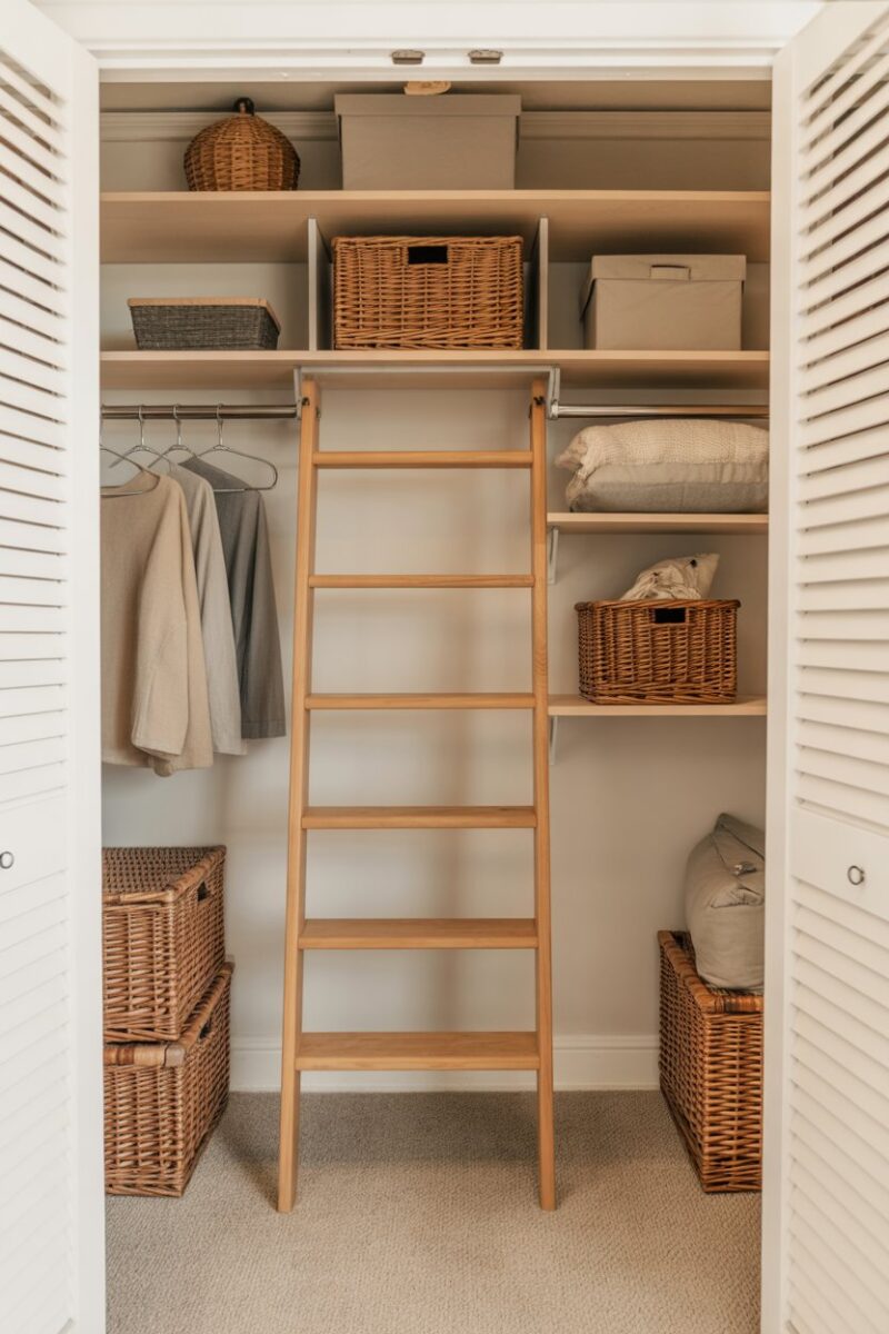 A small closet with wooden shelves, baskets, and a ladder for organization.