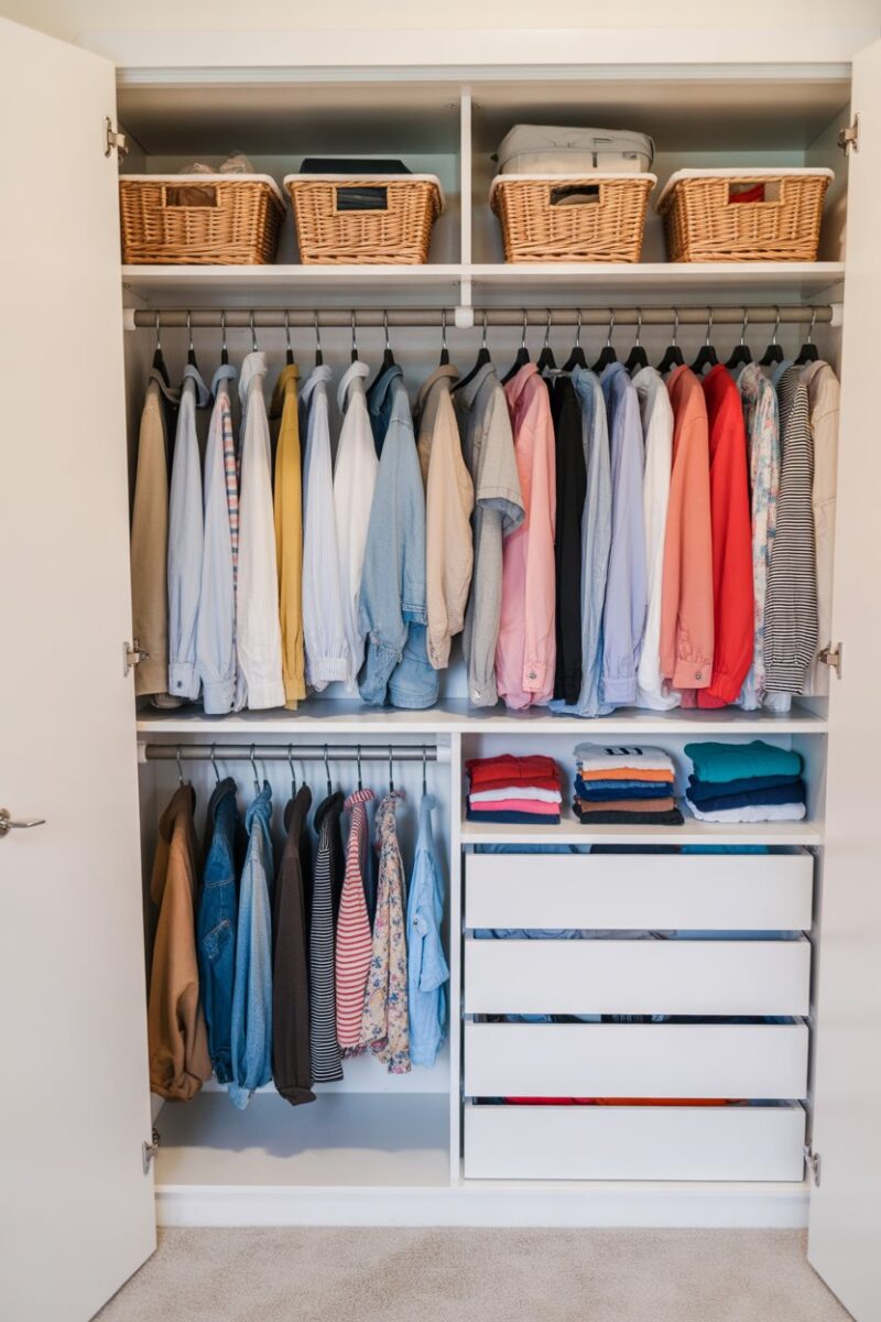 A well-organized small closet with color-coded clothing and neatly arranged shoes.