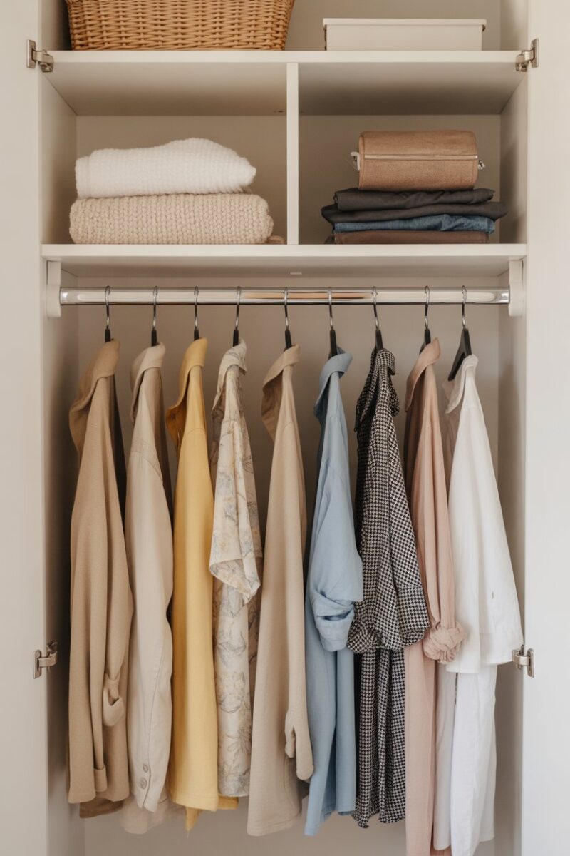 A small, organized closet with neatly hung clothes and folded items on a shelf.