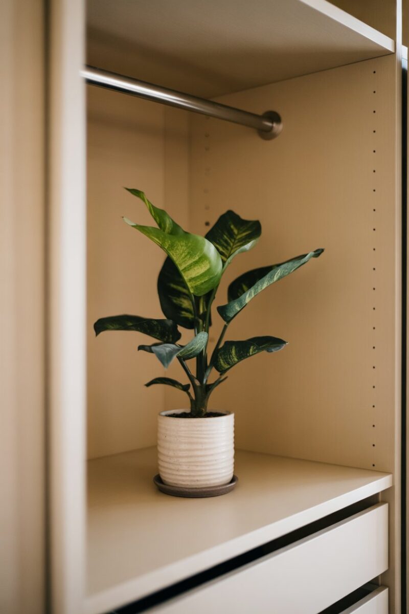 A small plant in a closet, enhancing the space