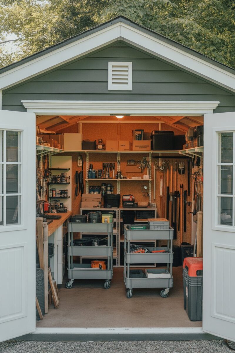 A small shed filled with organized tools and supplies stored in rolling carts.