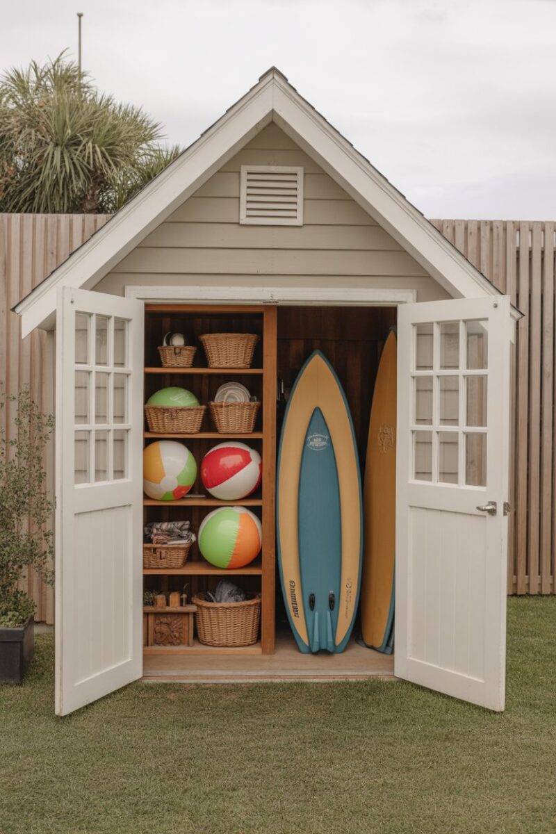 A small shed organized with seasonal items like beach balls, surfboards, and winter decorations.