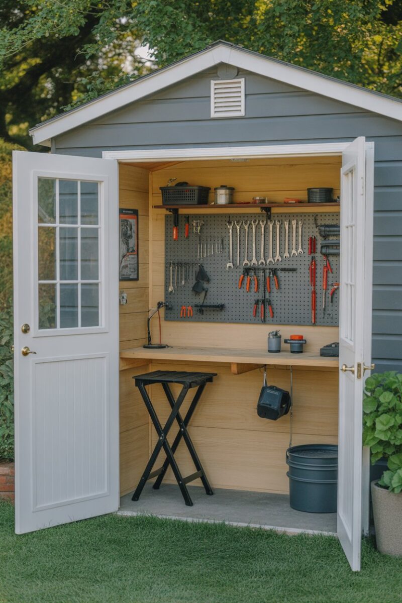 A small shed with a foldable workbench and organized tools on a pegboard.
