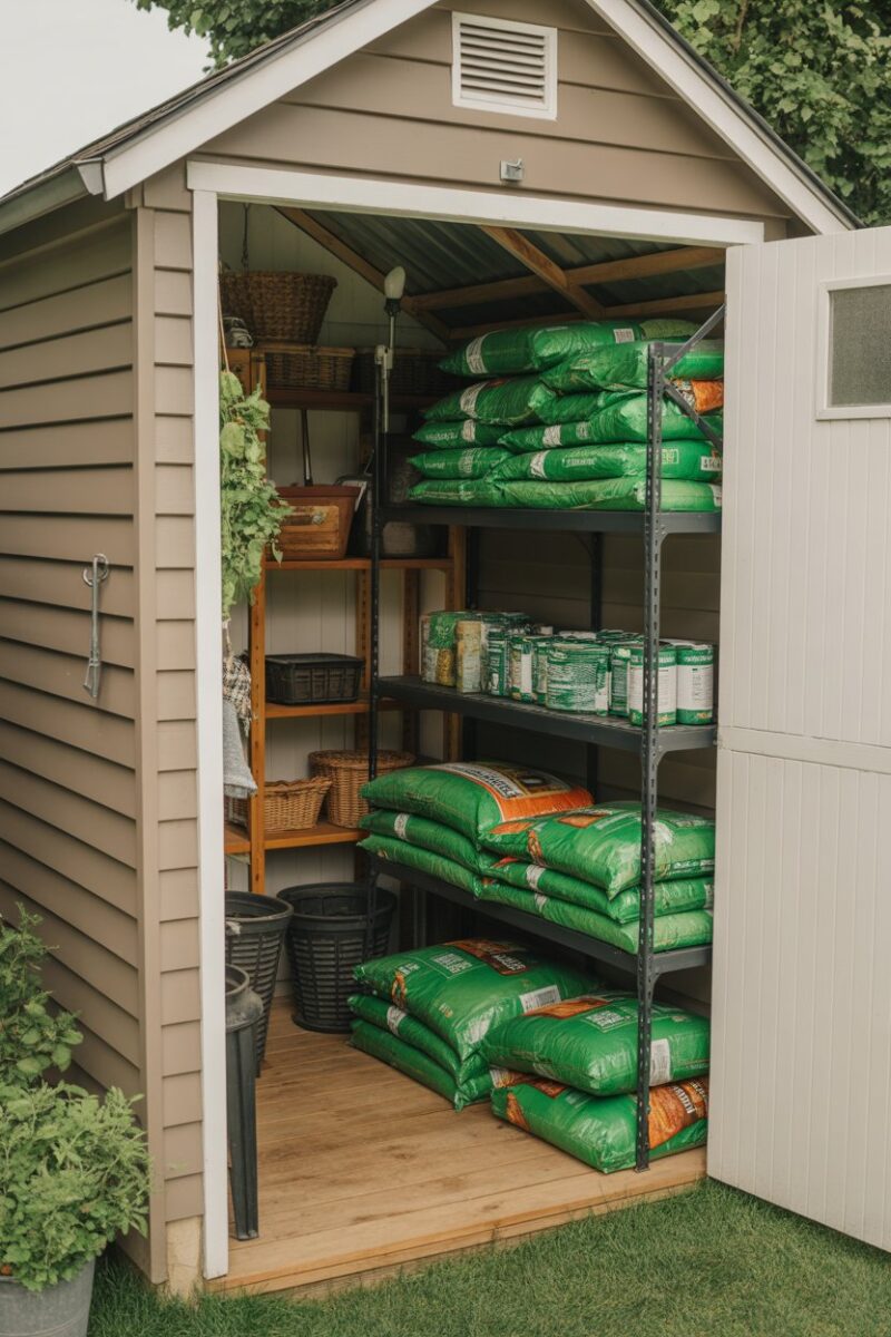A small shed with hanging shelves filled with bags of soil and gardening supplies.