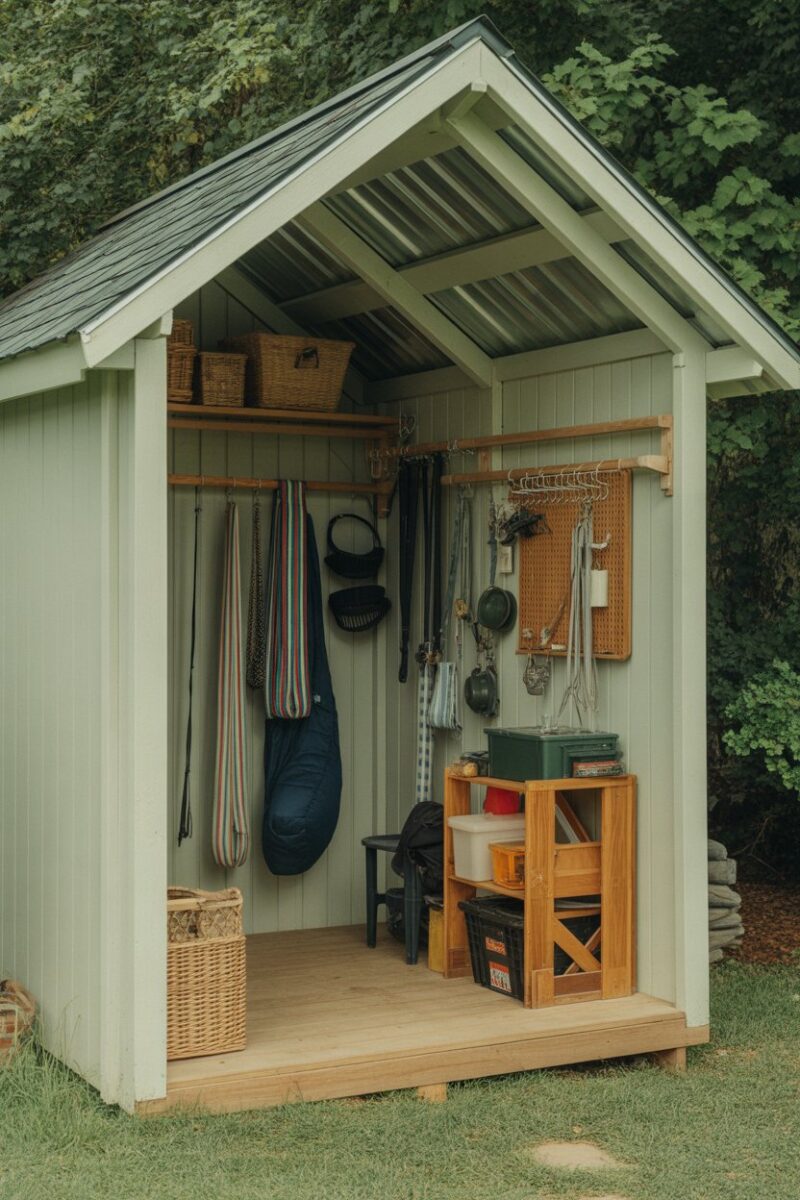 A small shed with tension rods holding various hanging supplies.