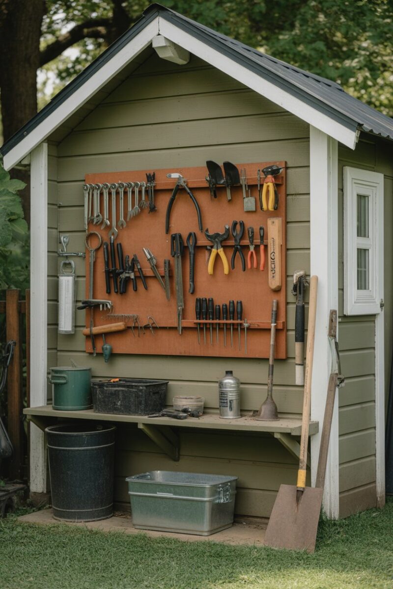 A small shed with tools organized on a vertical board.