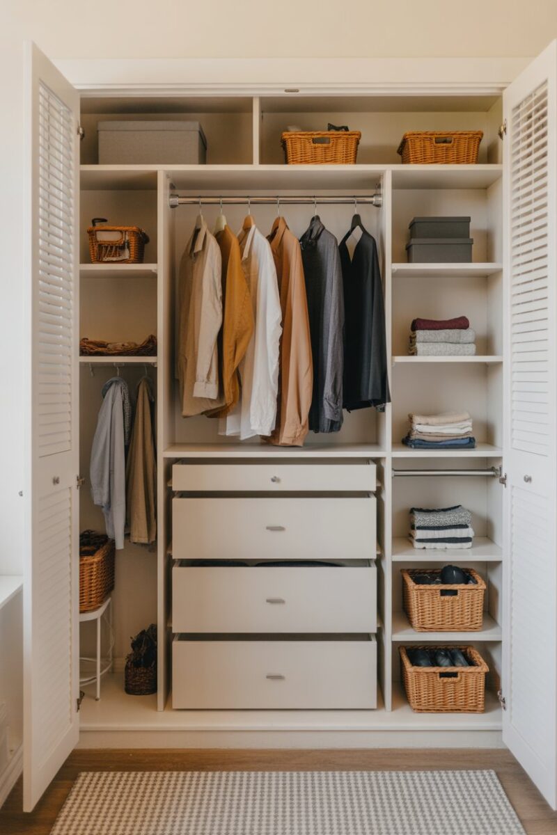 A well-organized closet featuring pull-out drawers and hanging clothes.