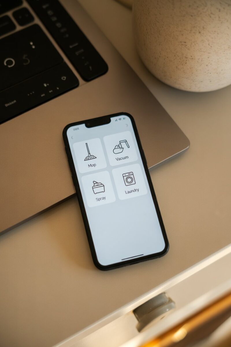 A smartphone displaying a cleaning app with various tasks.