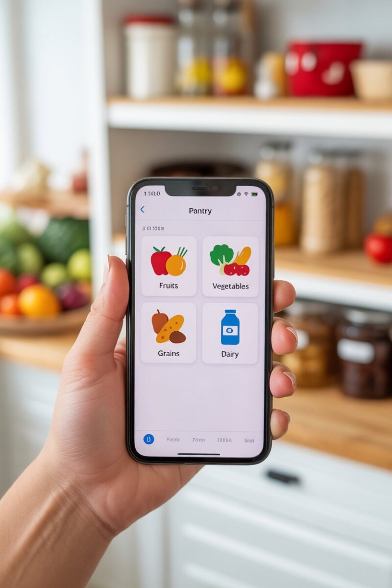 A smartphone displaying a pantry inventory app with various food categories.