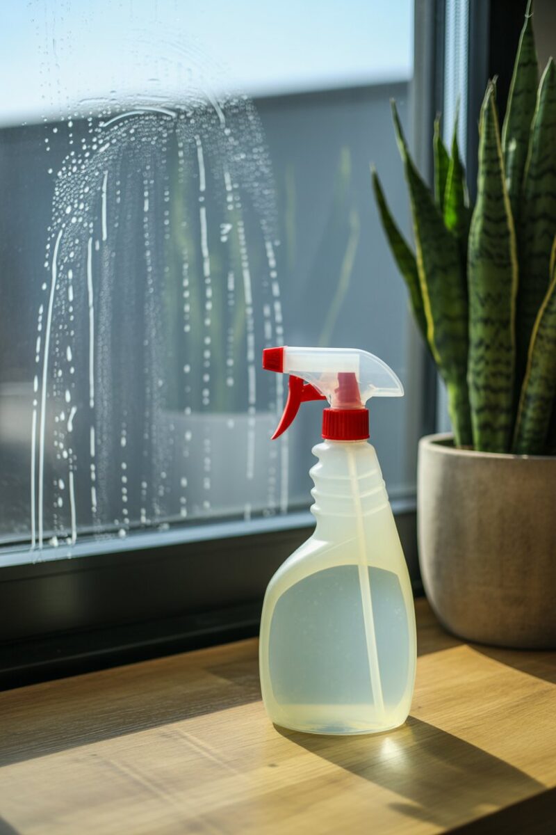 A spray bottle filled with a cleaning solution sits on a wooden floor next to a potted plant, with a window showing streaks.