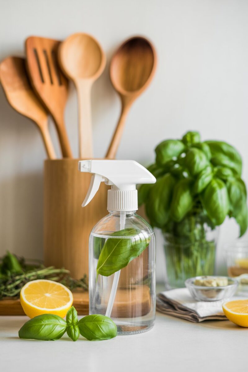 A spray bottle filled with a clear liquid and a basil leaf, surrounded by kitchen utensils.
