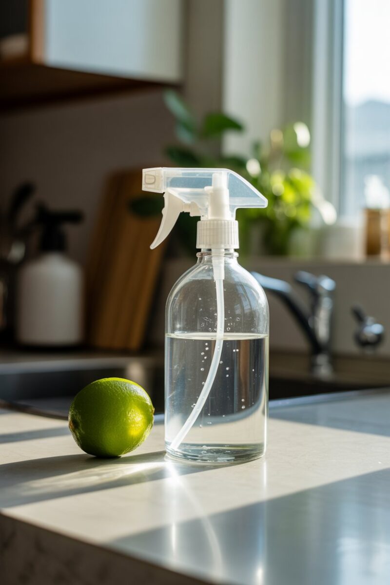 A spray bottle filled with a clear liquid sits on a kitchen counter next to a lime, with sunlight streaming through a window.